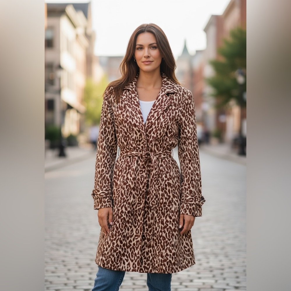 Susan Gaver Leopard Trench Coat with Tie-Waist Belt
